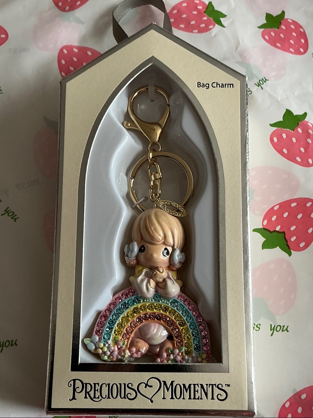 Precious Moments Gold-Tone Angel Bag Charm with Pastel Rainbow